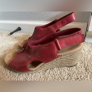 Clarks Red Perforated Leather Wedge Sandals